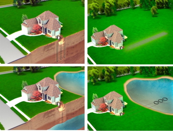 Illustration of a geothermal system rejecting household heat into the cool ground