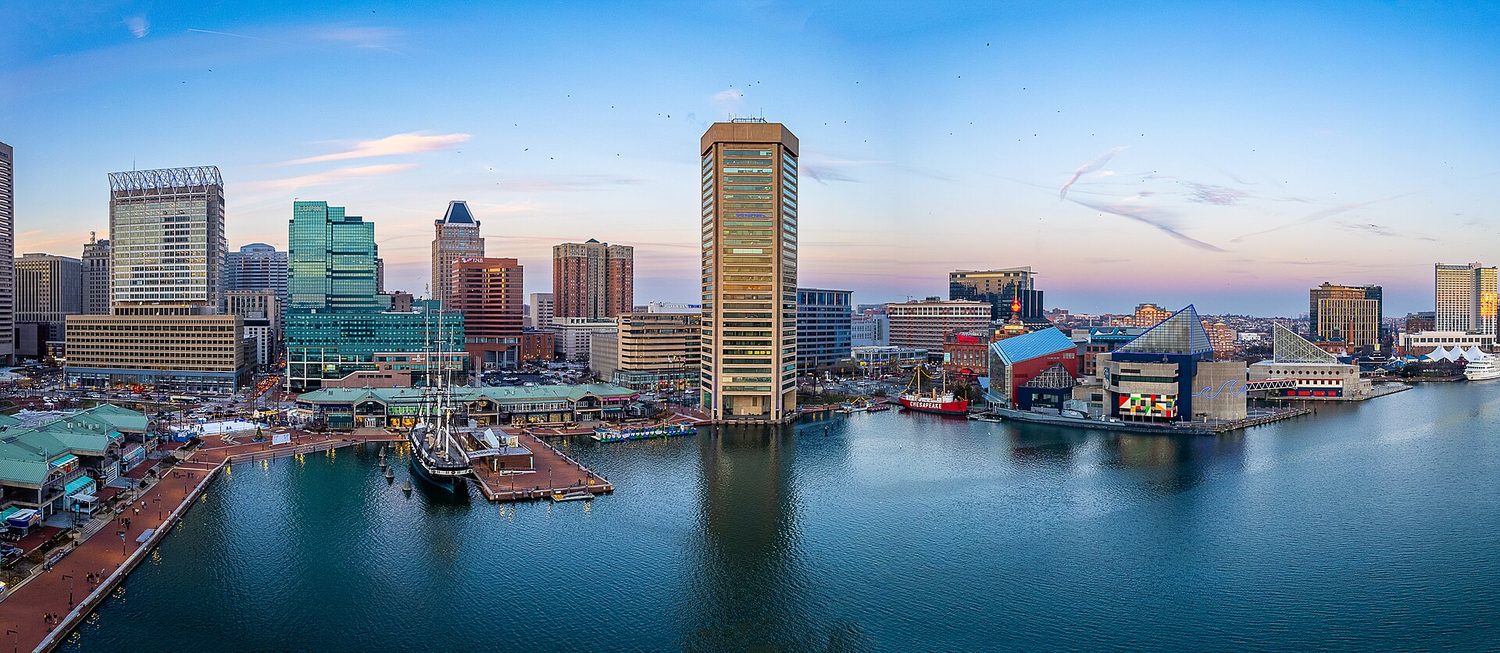 Baltimore Inner Harbor skyline at dusk